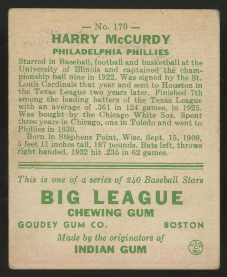 1933 Goudey Harry McCurdy #170 VG "A"