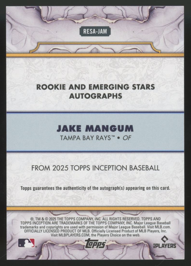 2025 Topps Inception Jake Mangum RC Emerging Stars Auto Aqua /75 #RESA-JAM