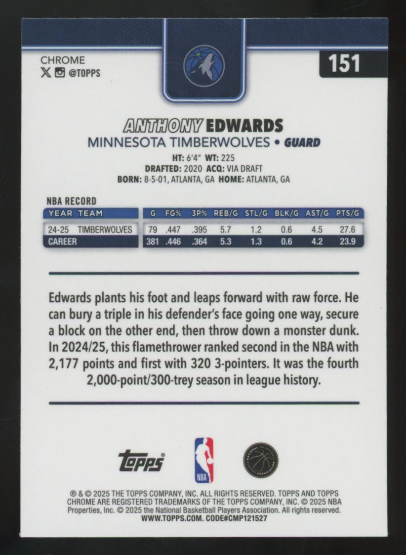 2025-26 Topps Chrome Anthony Edwards Aqua Raywave /199 #151