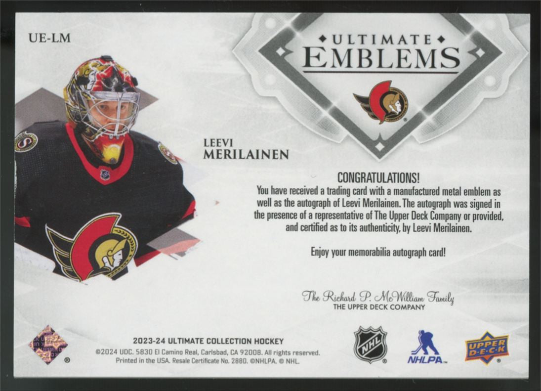 2023-24 Ultimate Collection Leevi Merilainen RC Emblems Auto /99 #UE-LM
