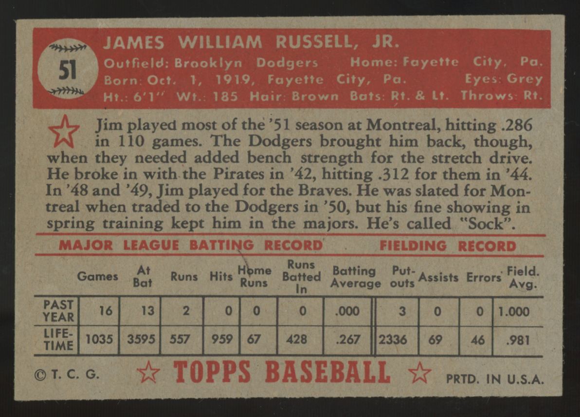 1952 Topps Jim Russell #51 VG