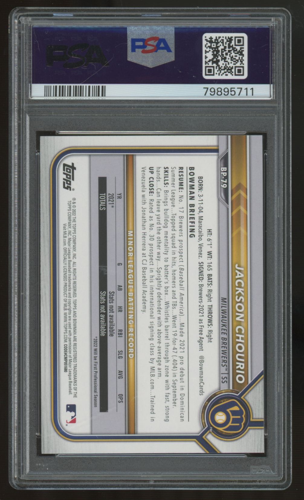 2022 Bowman Jackson Chourio 1st Paper Prospects #BP-79 PSA 10