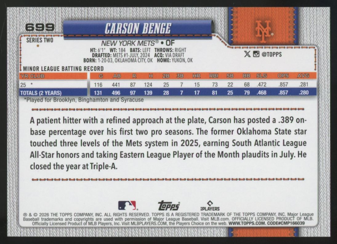 2026 Topps Series Two Carson Benge RC SP #699