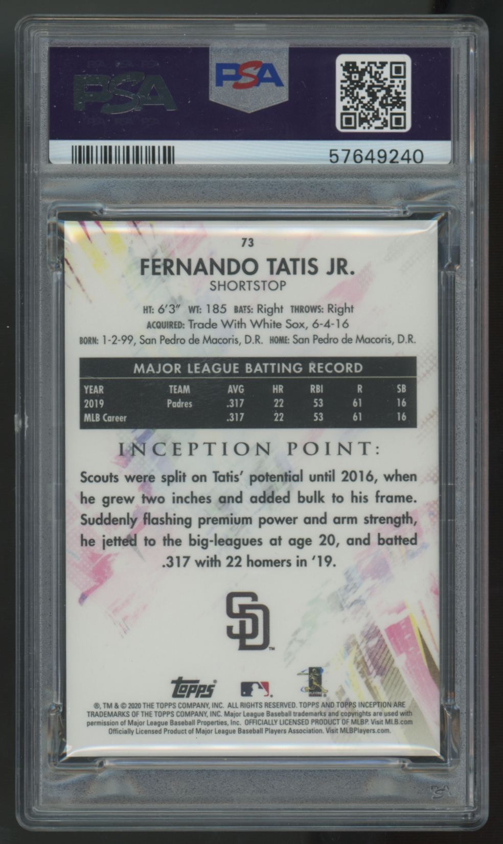 2020 Topps Inception Fernando Tatis Jr. Green #73 PSA 10