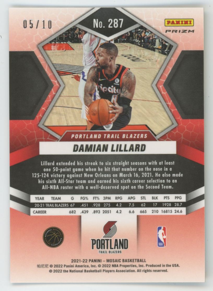 2021-22 Panini Mosaic Damian Lillard Gold /10 #287