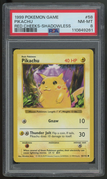 1999 Pokemon Pikachu Base Set Shadowless Red Cheeks #58 PSA 8