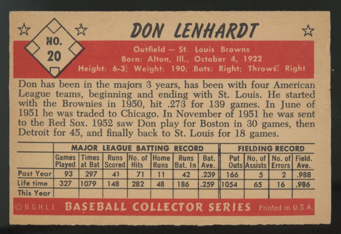 1953 Bowman Color Don Lenhardt #20 VG
