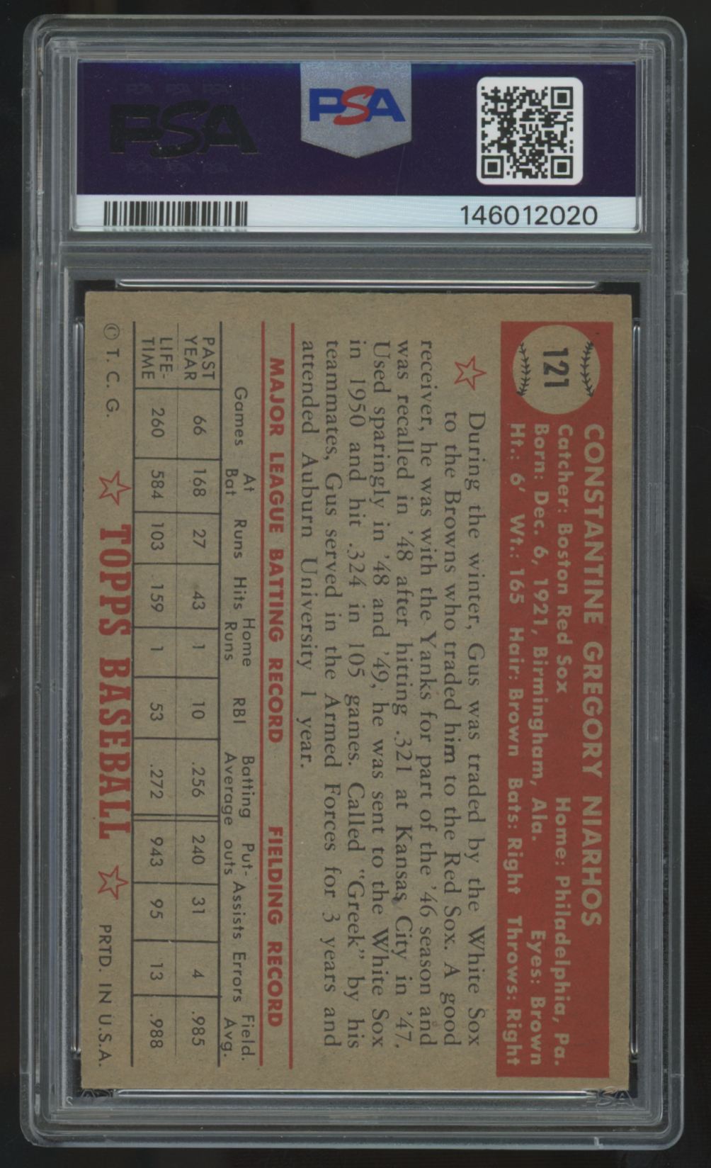 1952 Topps Gus Niarhos #121 PSA 7