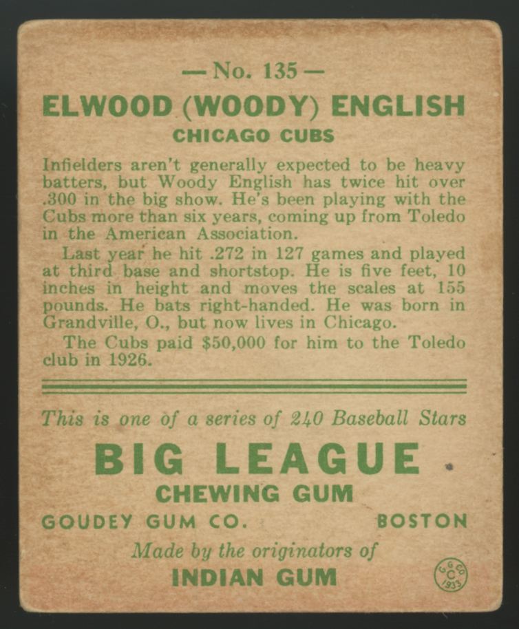 1933 Goudey Elwood "Woody" English #135 Good