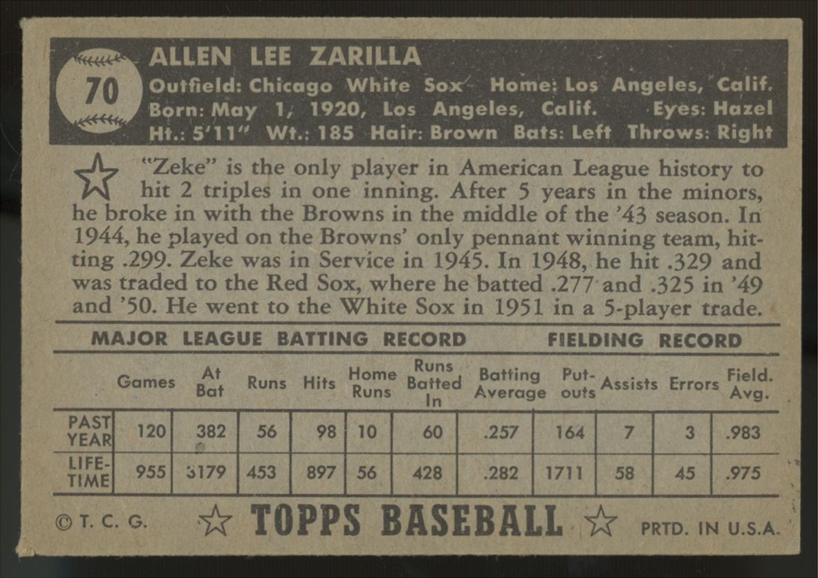 1952 Topps Al Zarilla #70 VG/EX "A"