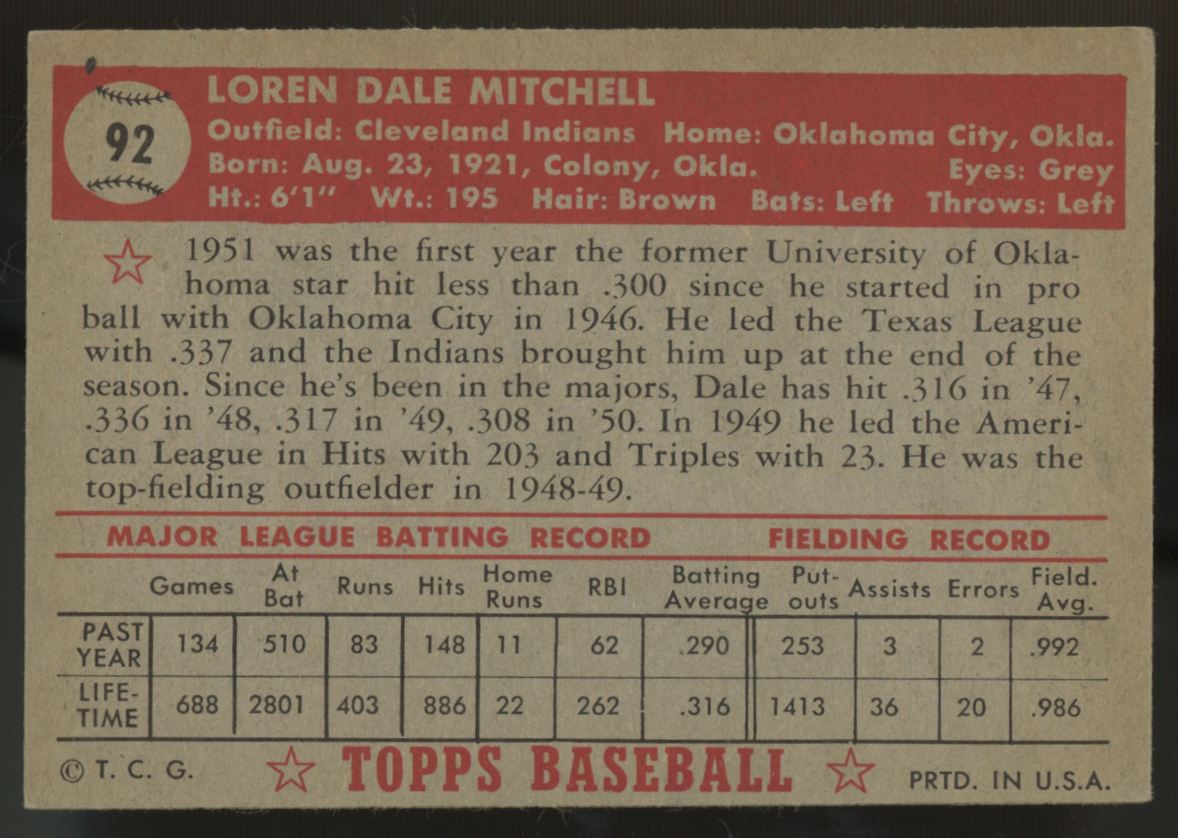 1952 Topps Dale Mitchell #92 VG/EX