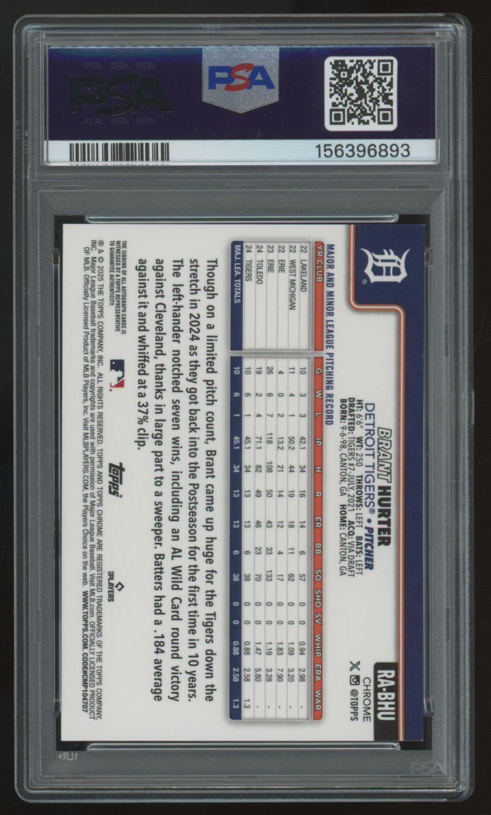 2025 Topps Chrome Brant Hurter RC Black Refractor Auto /10 #RA-BHU PSA 9