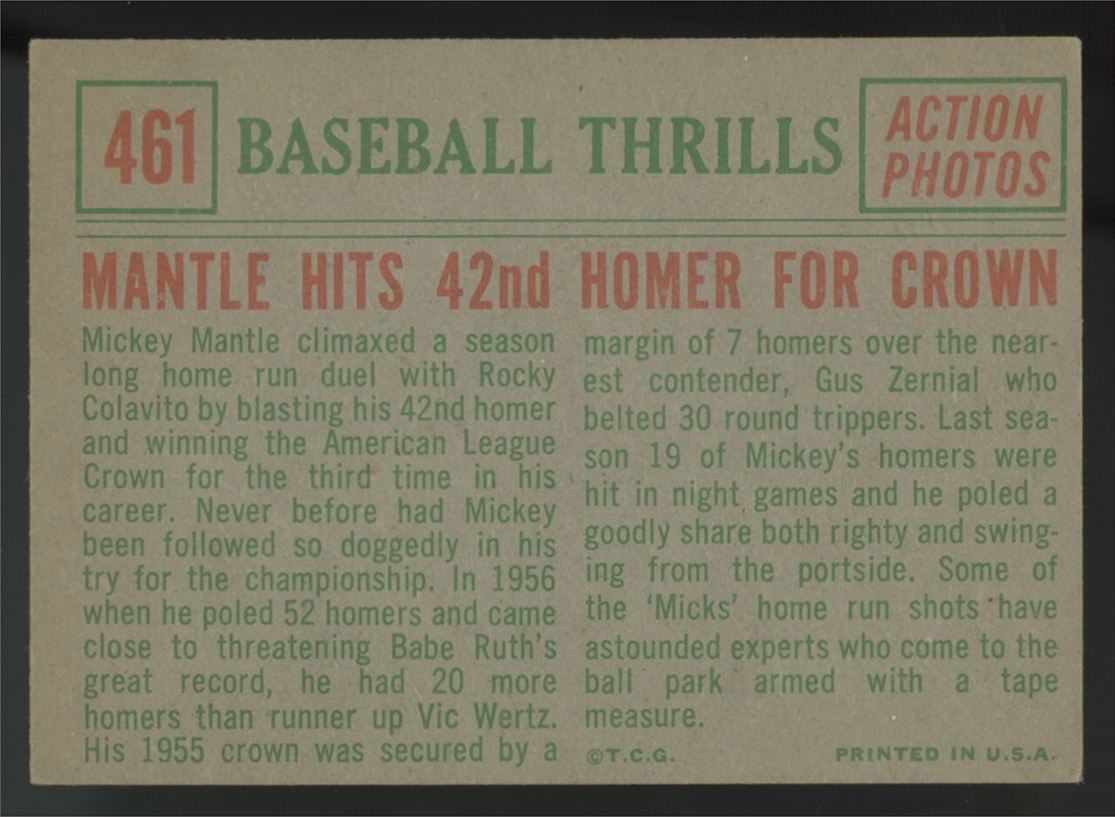 1959 Topps Mickey Mantle Baseball Thrills 42nd Homer For Crown #461 VG/EX