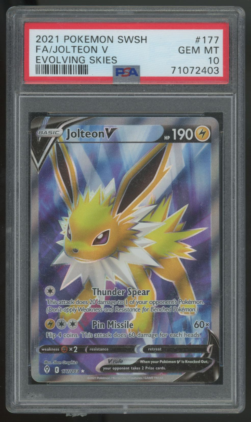 2021 Pokemon Jolteon V Evolving Skies Full Art #177 PSA 10