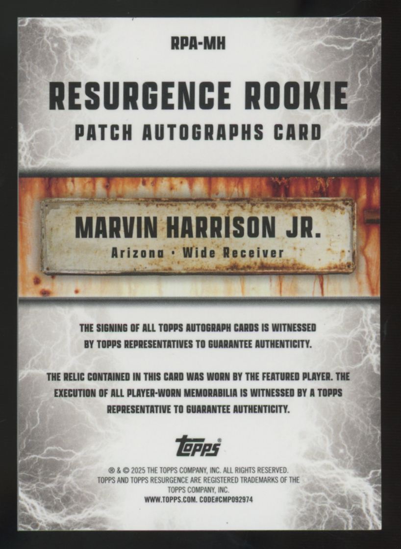 2024 Resurgence Marvin Harrison Jr. RC Orange Power Surge Patch Auto RPA /25