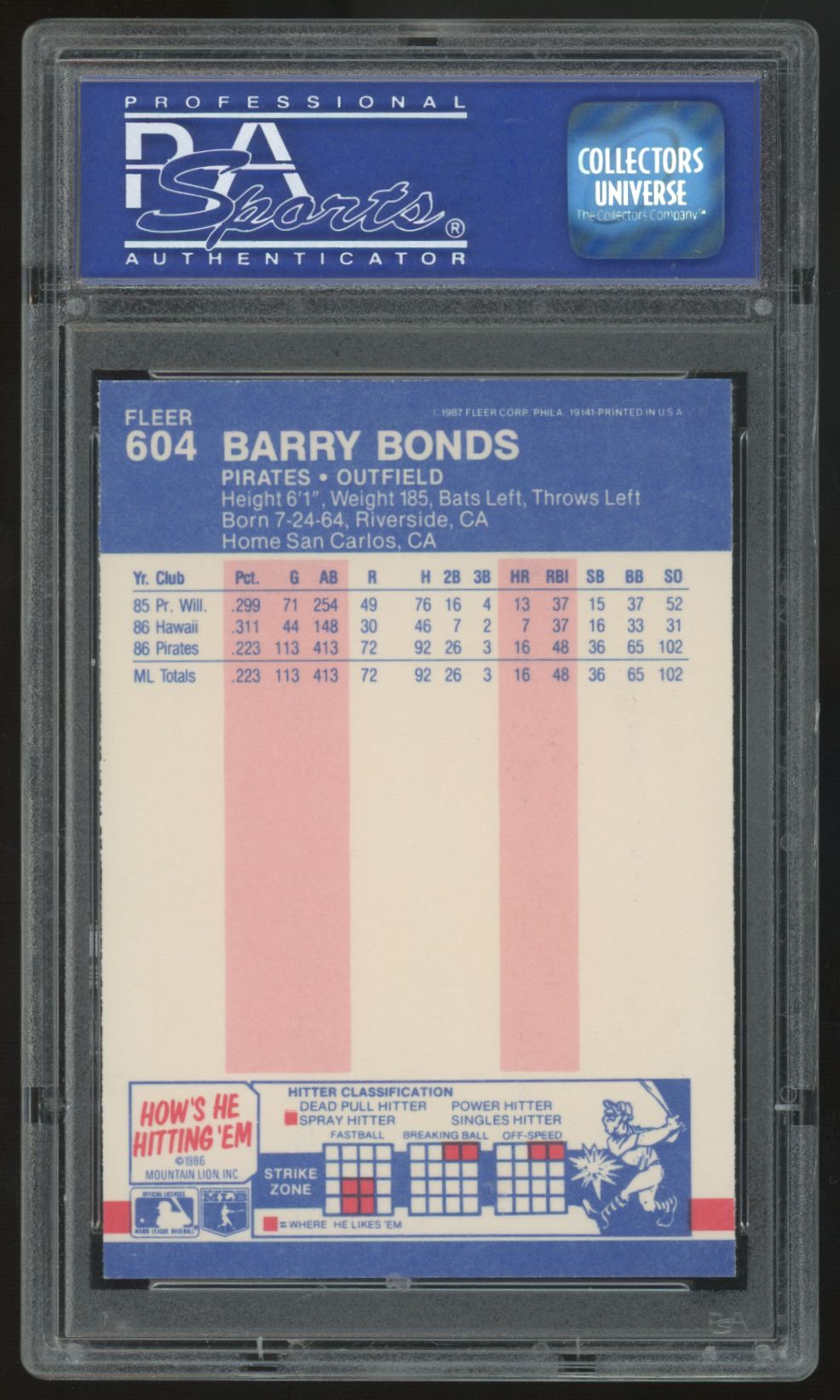 1987 Fleer Glossy Barry Bonds RC #604 PSA 8 *065
