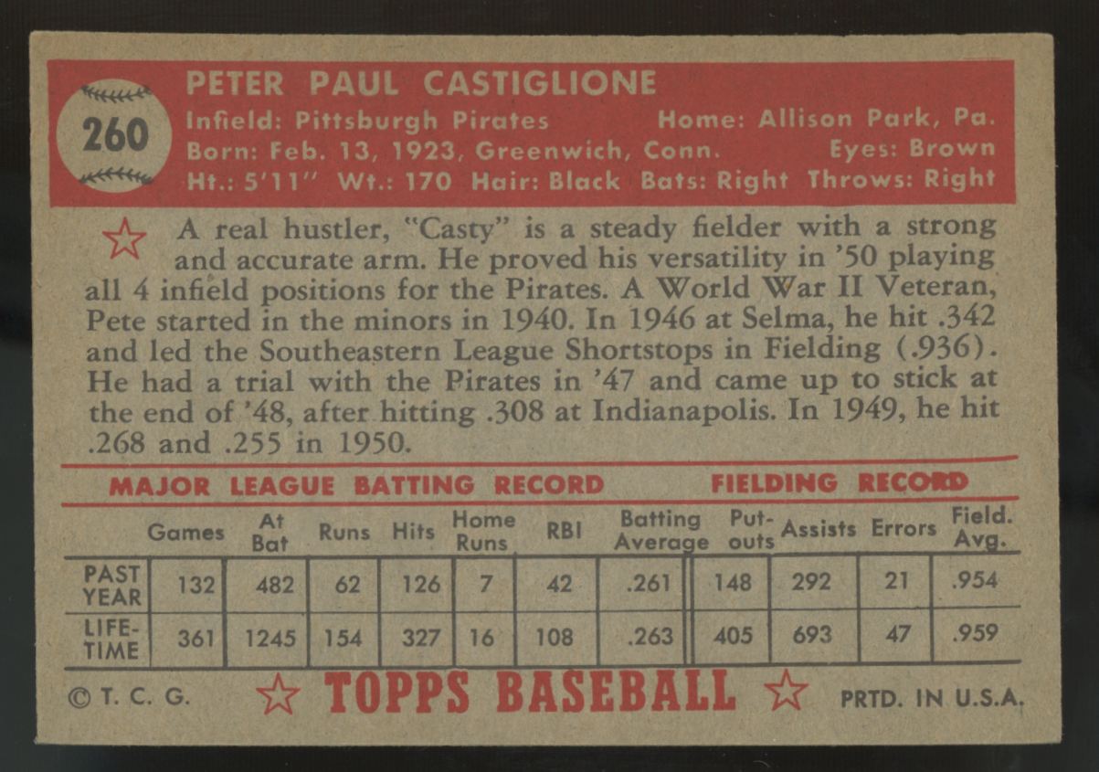 1952 Topps Pete Castiglione RC #260 EX/MT