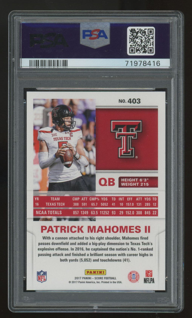 2017 Score Patrick Mahomes RC #403 Scorecard PSA 10