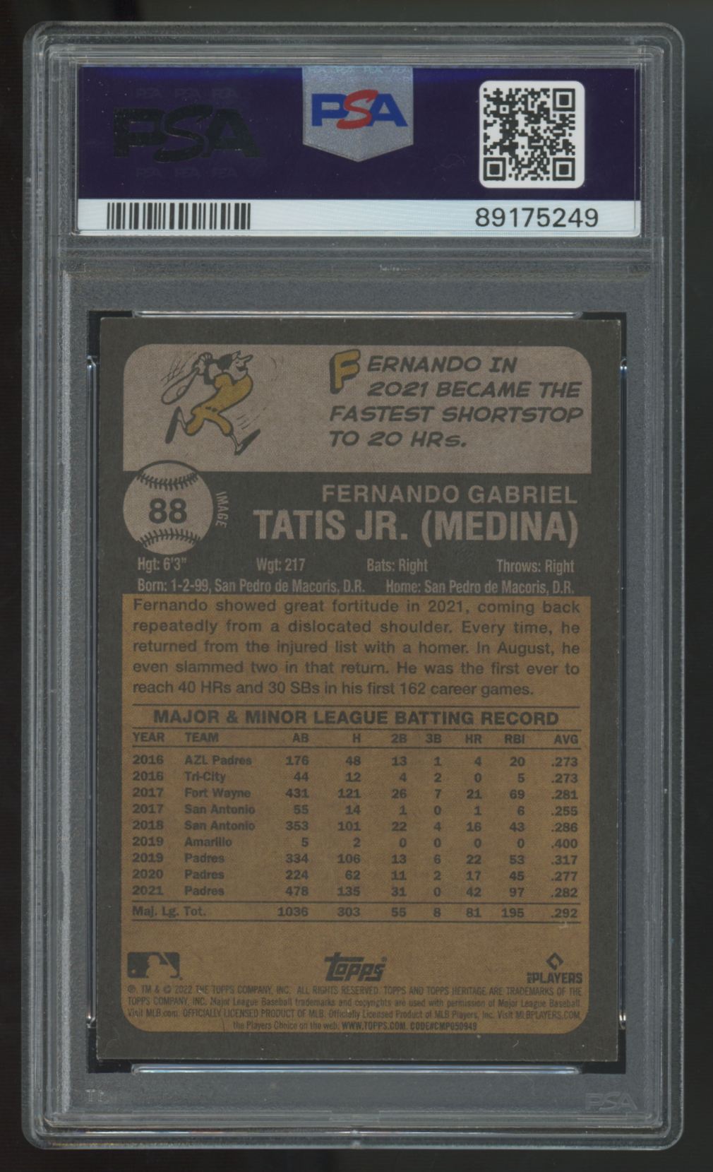 2022 Topps Heritage Fernando Tatis Jr. Image Variation #88 PSA 9