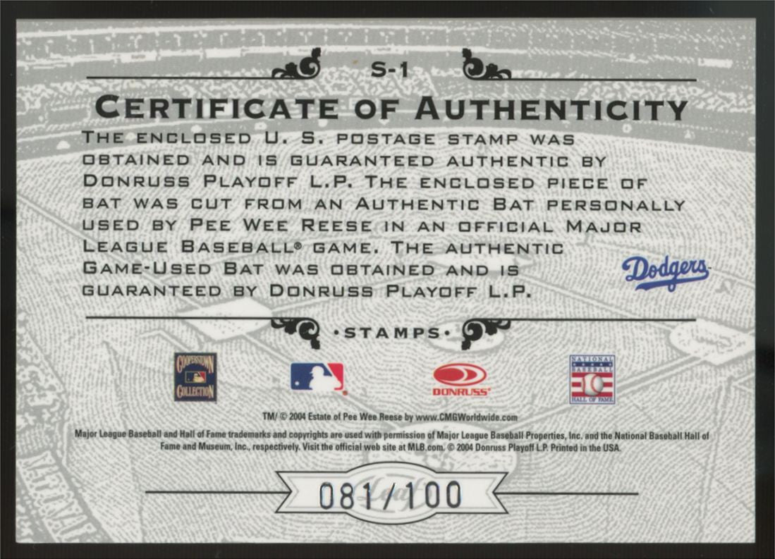 2005 Leaf Century Collection Pee Wee Reese Stamp Relic /100 #S-1