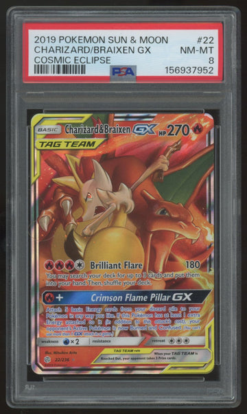 2019 Pokemon Charizard & Braixen GX Cosmic Eclipse Holo #22 PSA 8