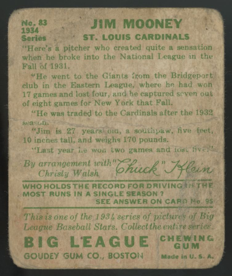 1934 Goudey Jim Mooney Big League Gum #83 Poor