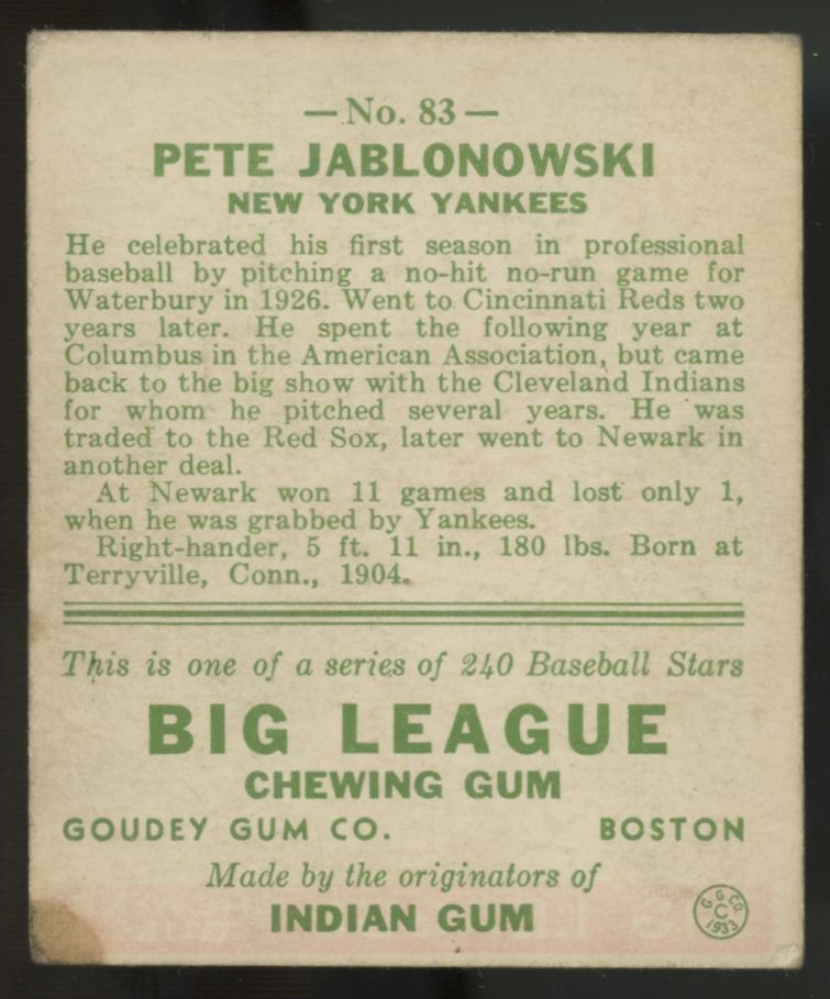 1933 Goudey Pete Jablonowski #83 G/VG