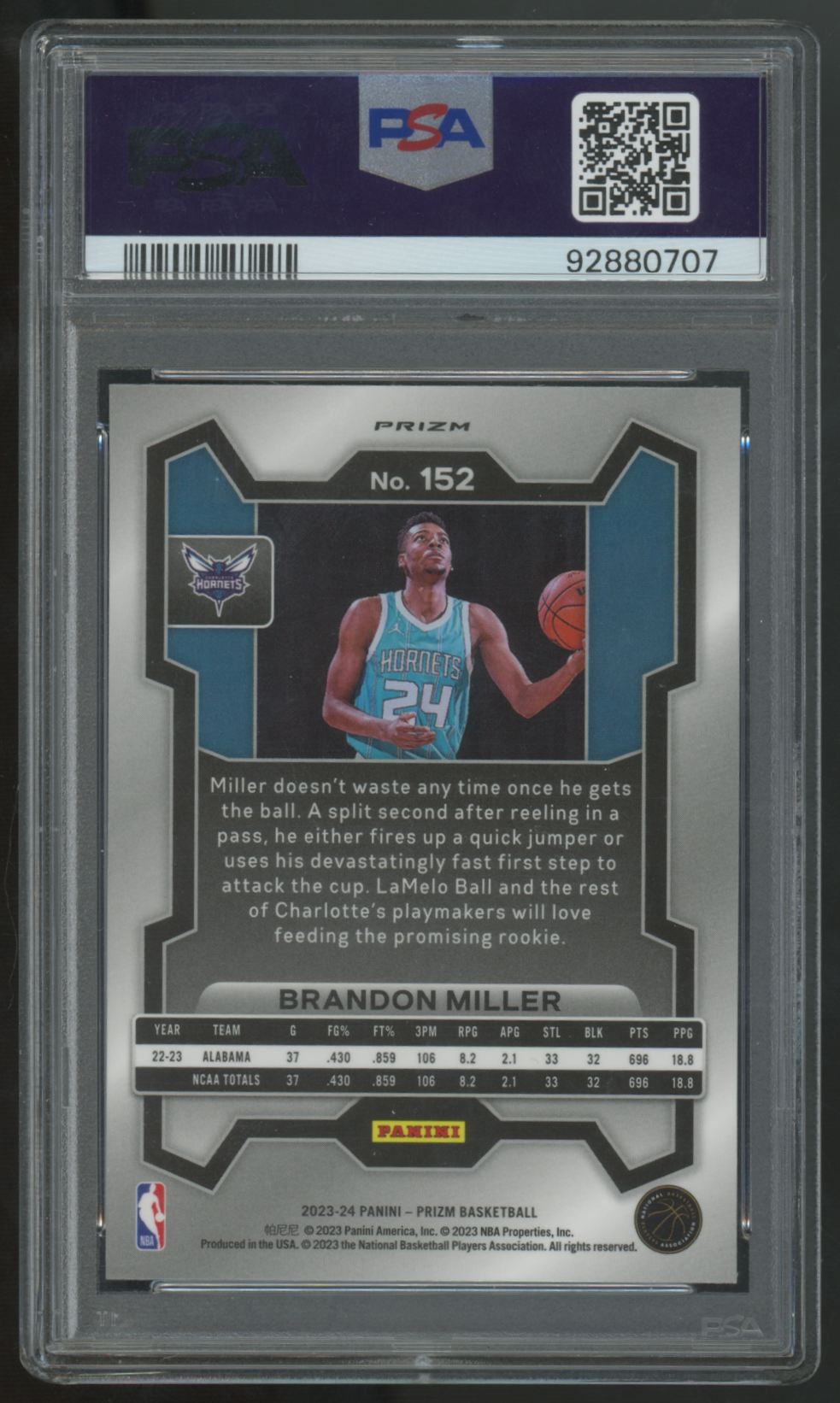 2023-24 Panini Prizm Brandon Miller RC Silver #152 PSA 10