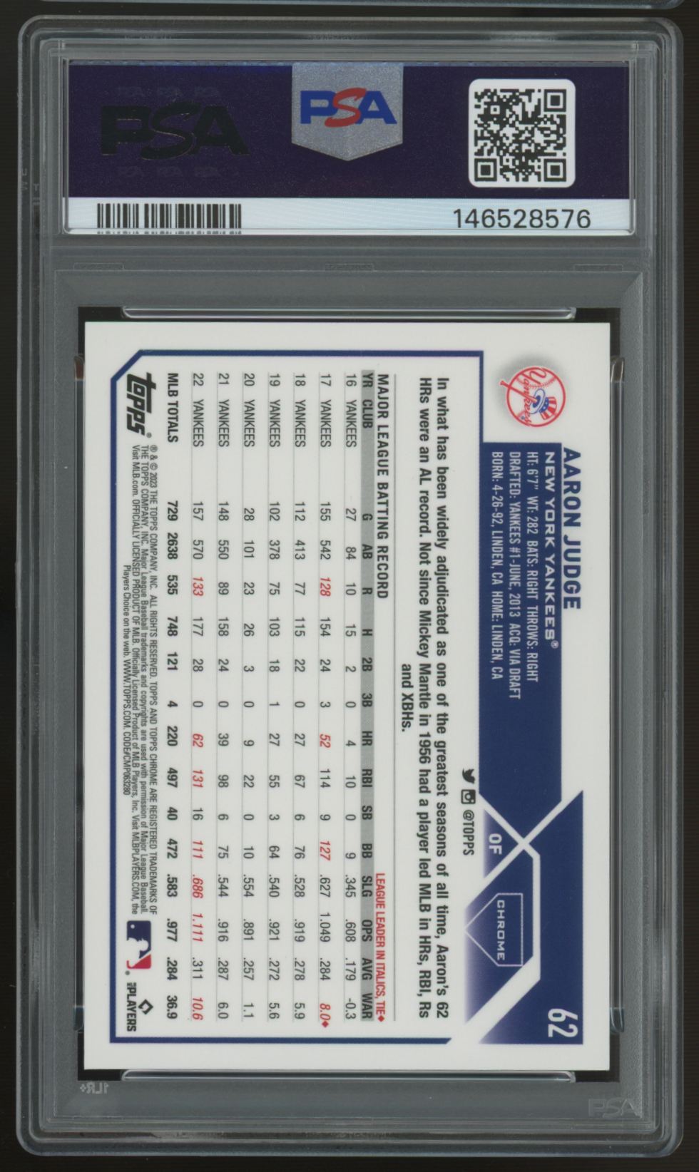 2023 Topps Chrome Logofractor Aaron Judge Green Refractor /99 #2 PSA 10