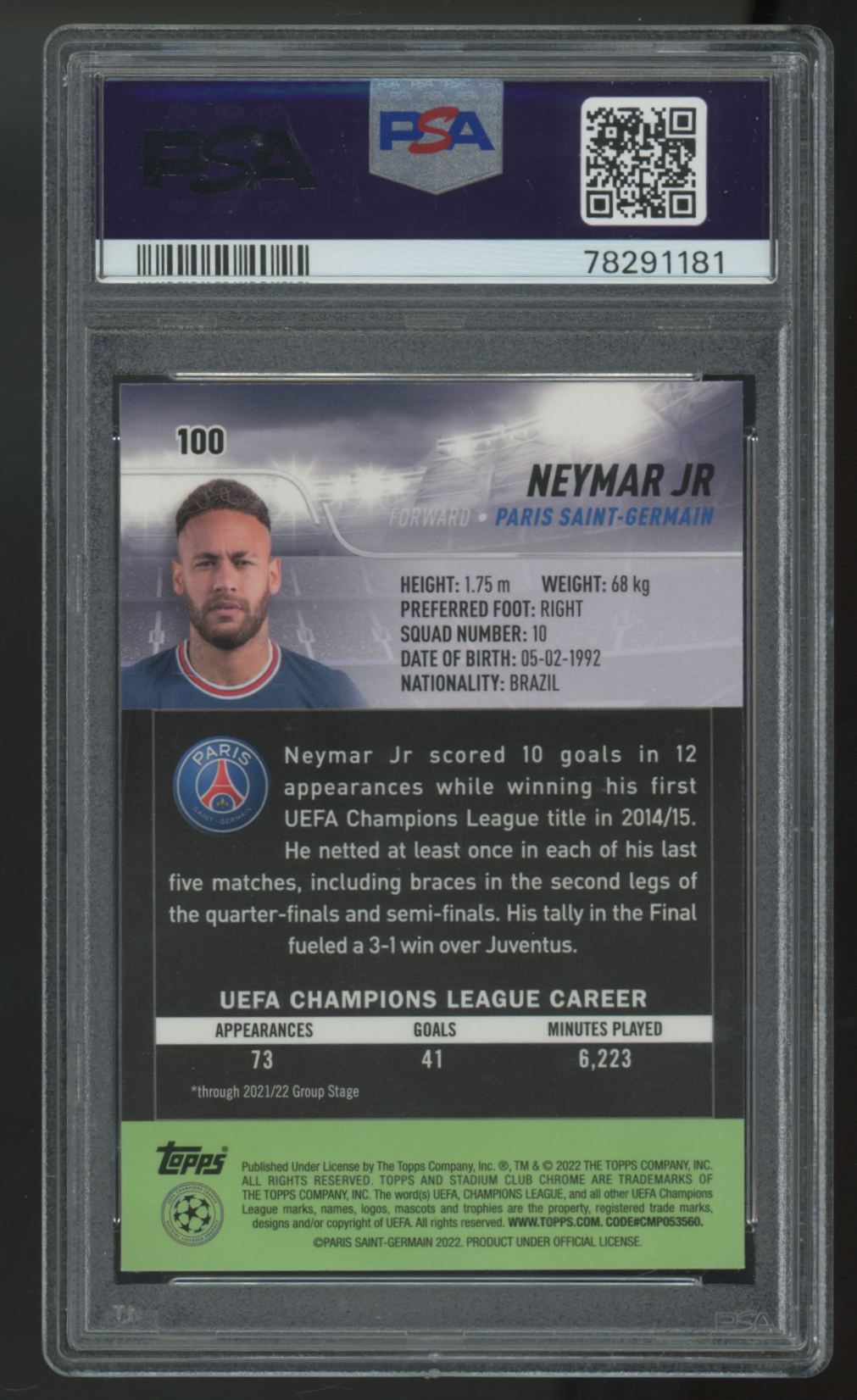 2021-22 Stadium Club Chrome UEFA Neymar Jr.  #100 PSA 10