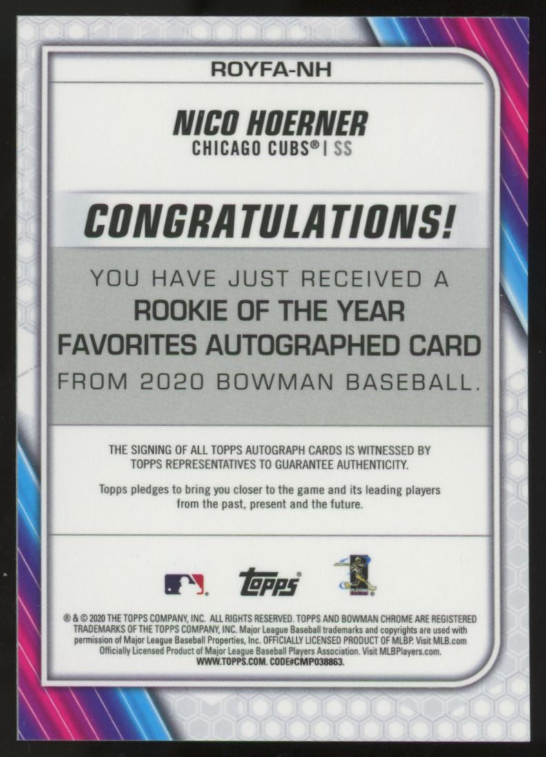 2020 Bowman Chrome Nico Hoerner Rookie of the Year Favorites RC Auto Orange /25