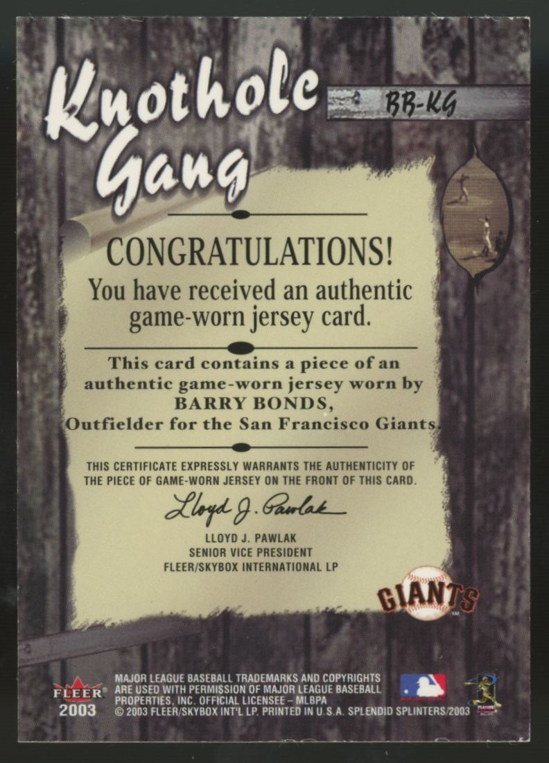 2003 Fleer Splendid Splinters Barry Bonds Knothole Gang Patch #BB-KG