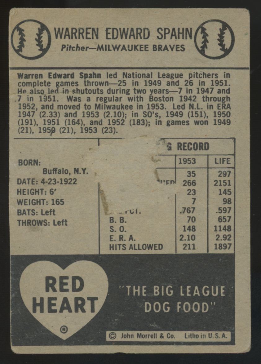 1954 Red Heart Warren Spahn Poor (Paper Loss)