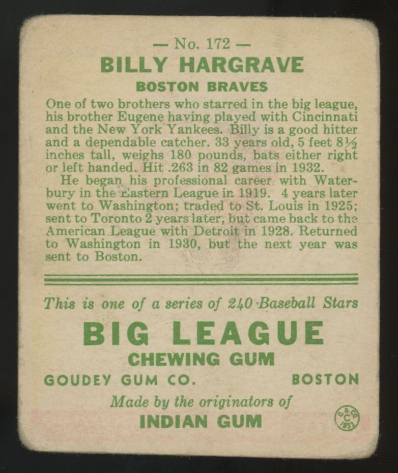 1933 Goudey Billy Hargrave #172 Poor