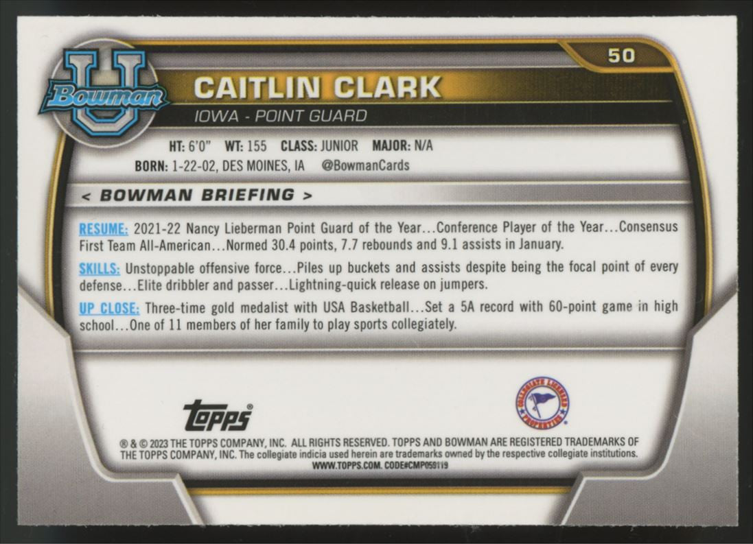 2022-23 Bowman Chrome University Caitlin Clark 1st #50