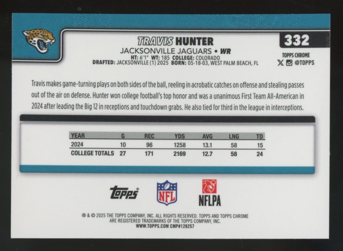 2025 Topps Chrome Travis Hunter RC Aqua Wave /199 #332