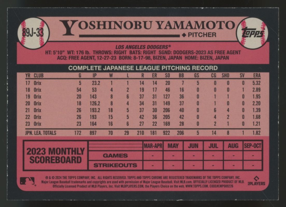 2024 Topps Japan Edition Yoshinobu Yamamoto RC 1989 Topps #89J-33
