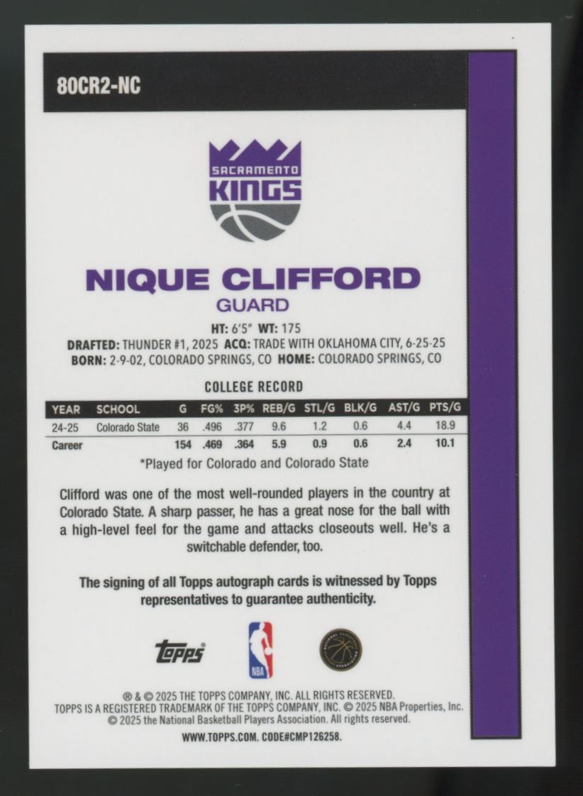 2025-26 Topps Chrome Silver Pack Nique Clifford RC '80-'81 Auto #80CR2-NC