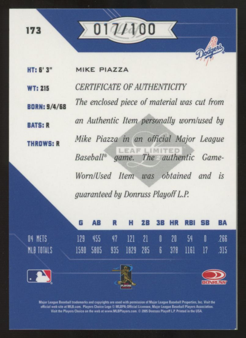 2005 Leaf Limited Mike Piazza Threads Jersey Patch /100 #173