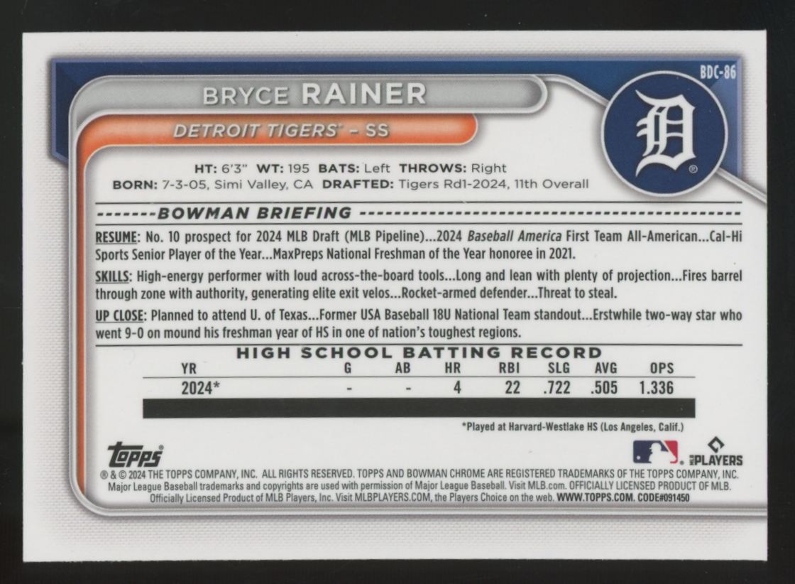 2024 Bowman Draft Bryce Rainer 1st Prospect Chrome Green Refractor /99 #BDC-86