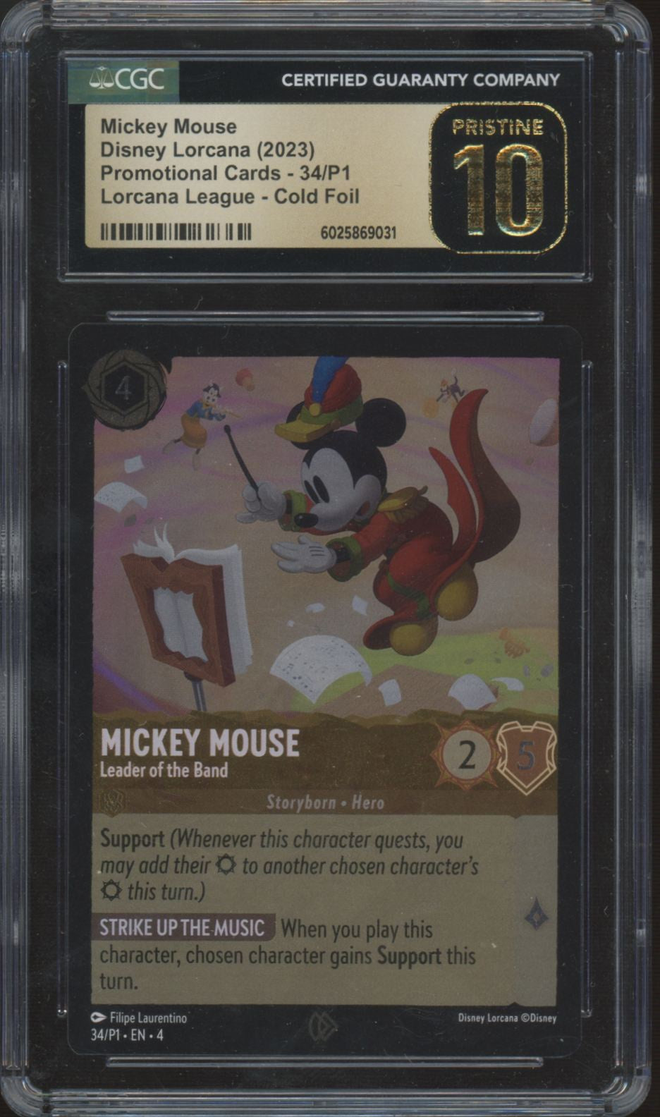 2023 Lorcana Mickey Mouse Leader of the Band Promo Cold Foil #34 CGC Pristine 10
