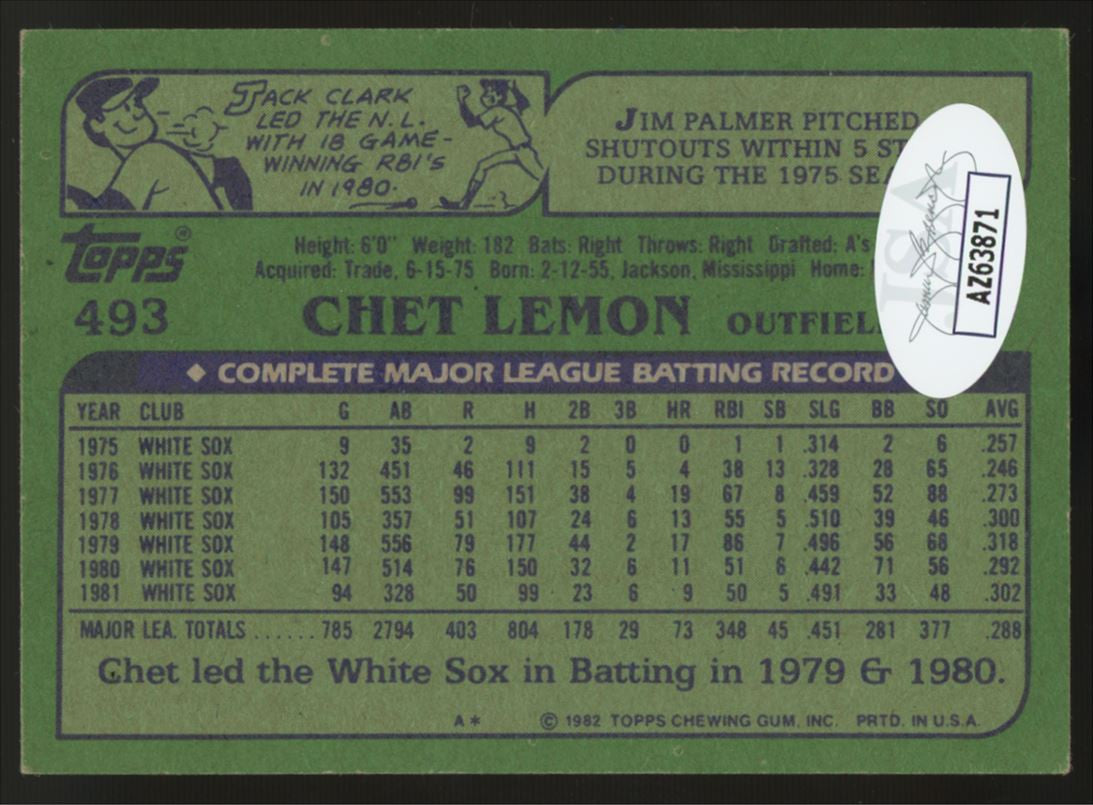 1982 Topps Chet Lemon #493 Signed Auto JSA