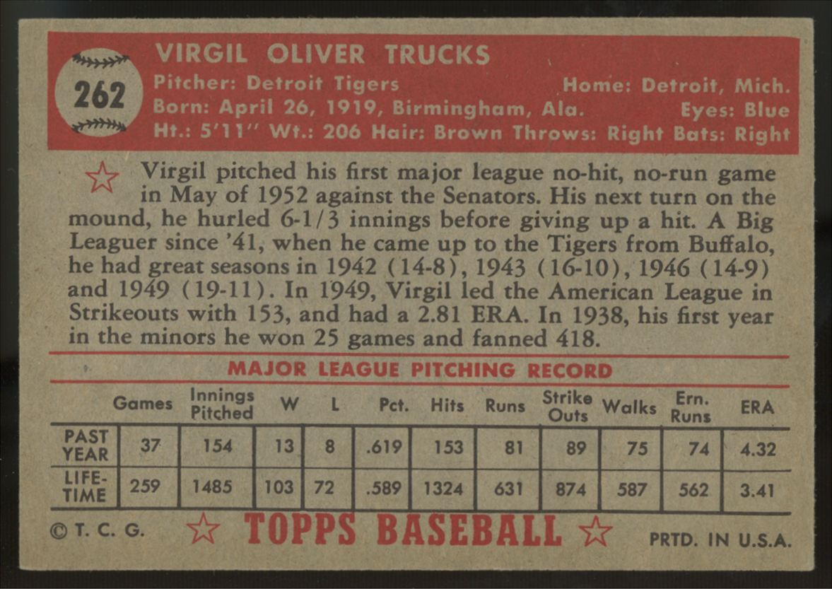 1952 Topps Virgil Trucks #262 EX/MT