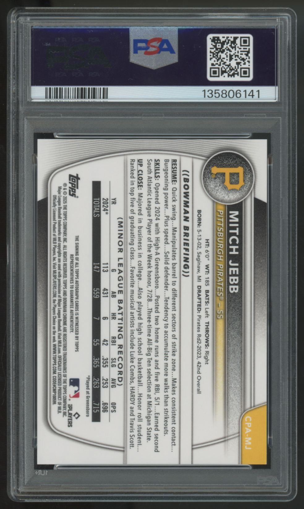 2025 Bowman Mitch Jebb 1st Chrome Prospect Auto #CPA-MJ PSA 10