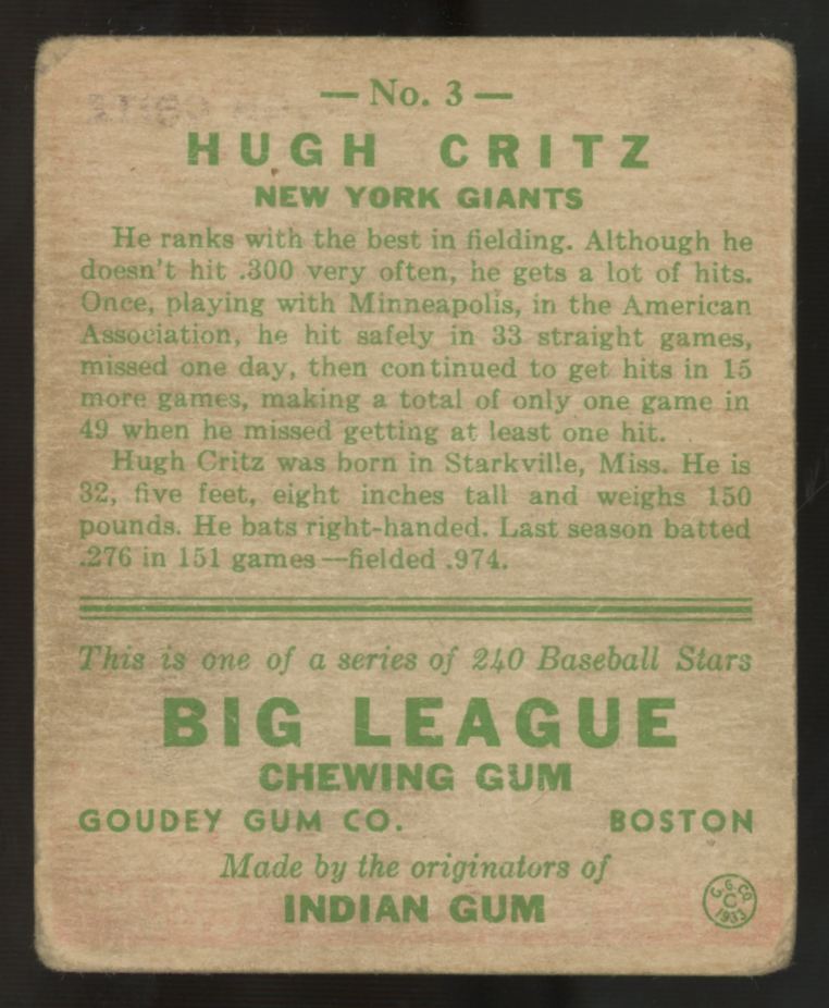 1933 Goudey Hugh Critz #3 F/G
