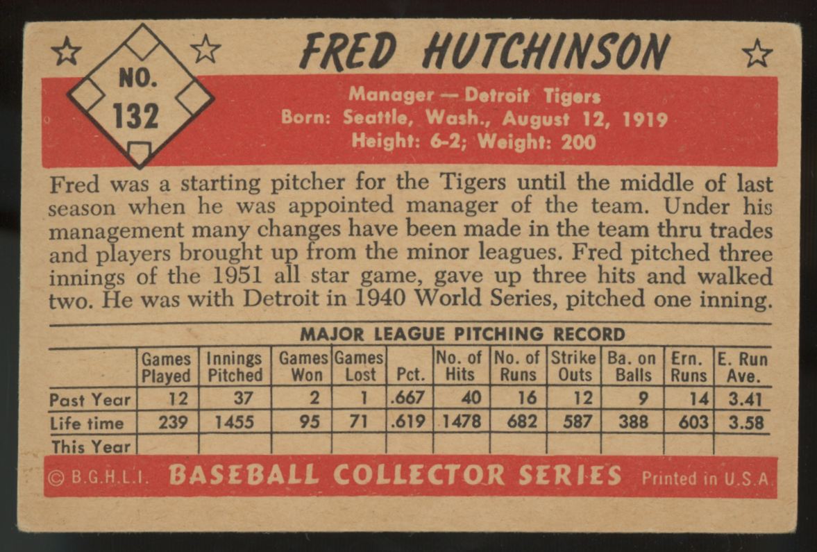 1953 Bowman Fred Hutchinson #132 VG (Wrinkle)