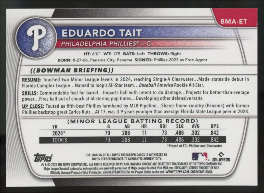 2025 Bowman Chrome Mega Eduardo Tait Gold Auto /50 #BMA-ET