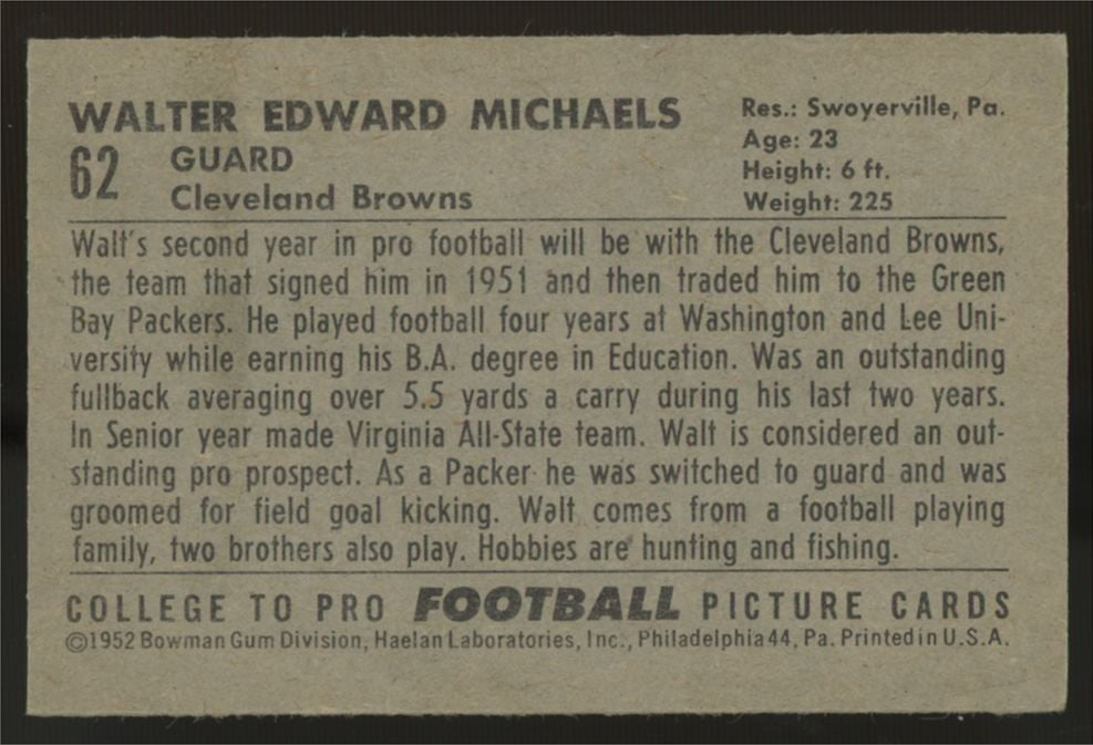 1952 Bowman Small Walter Michaels RC #62 EX