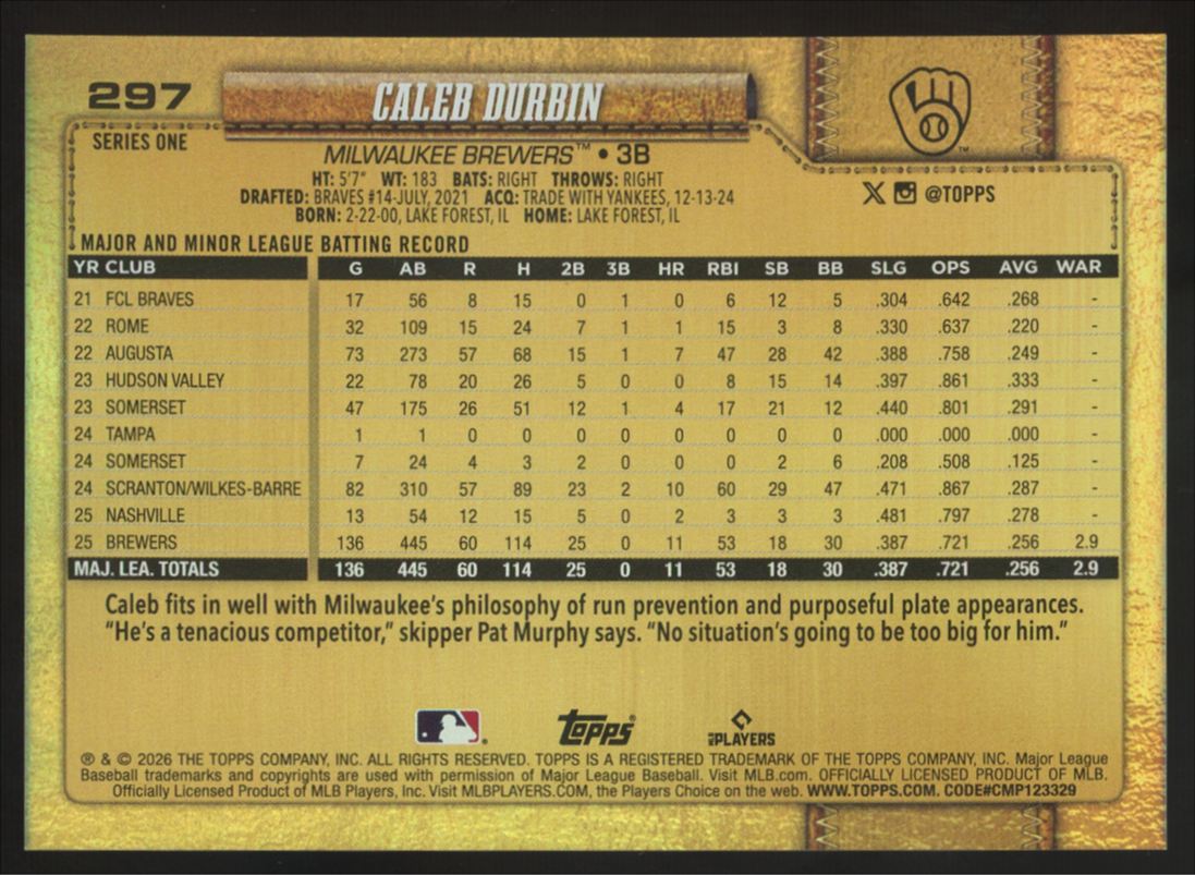 2026 Topps Series One Caleb Durbin Golden Mirror Variation #297