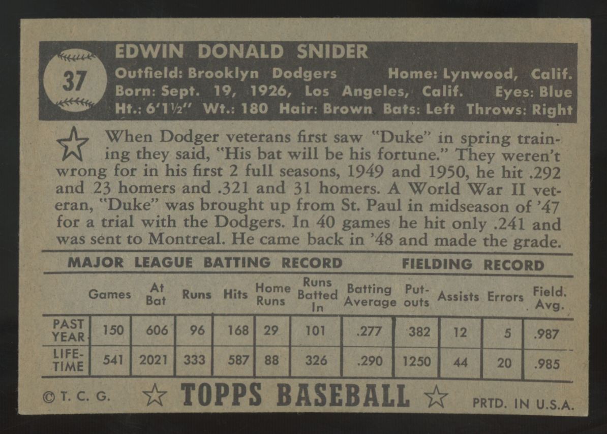 1952 Topps Duke Snider Black Back #37 EX